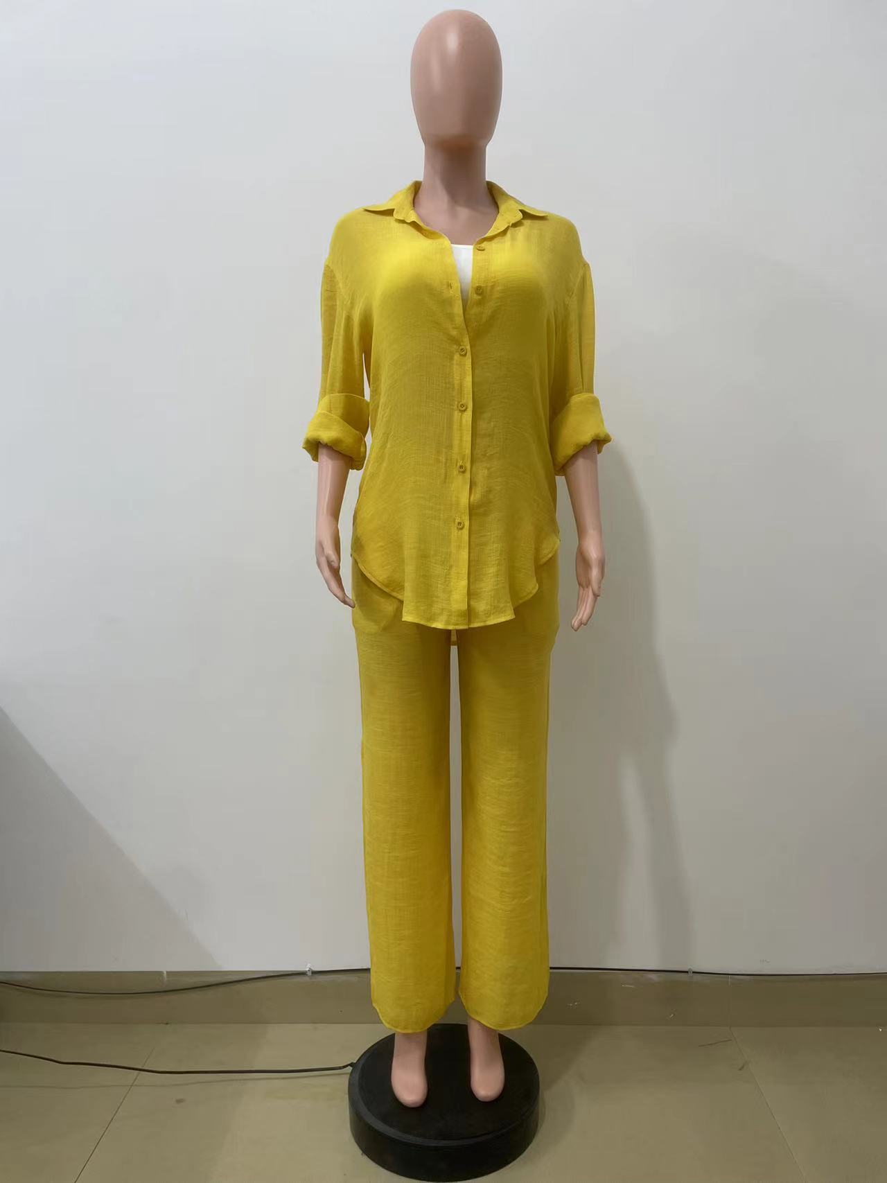 Women Clothing Spring Autumn Casual Long Sleeve Shirt Straight Leg Pants Two Piece Set