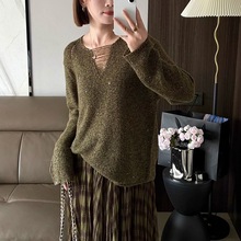 小众设计感镂空V领针织衫女2025早秋新款慵懒风软糯真丝羊绒毛衣