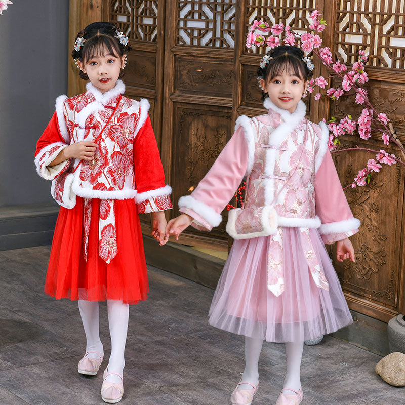 儿童旗袍裙冬装中国风汉服加绒拜年服冬款女童唐装加绒新款过年服