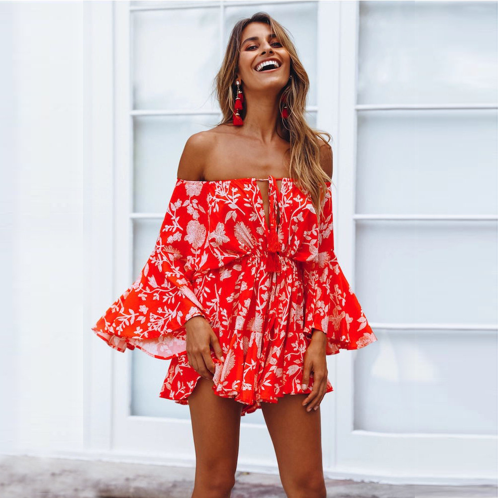 floral printing bandage one-word collar tube top ruffled jumpsuit NSMID128557