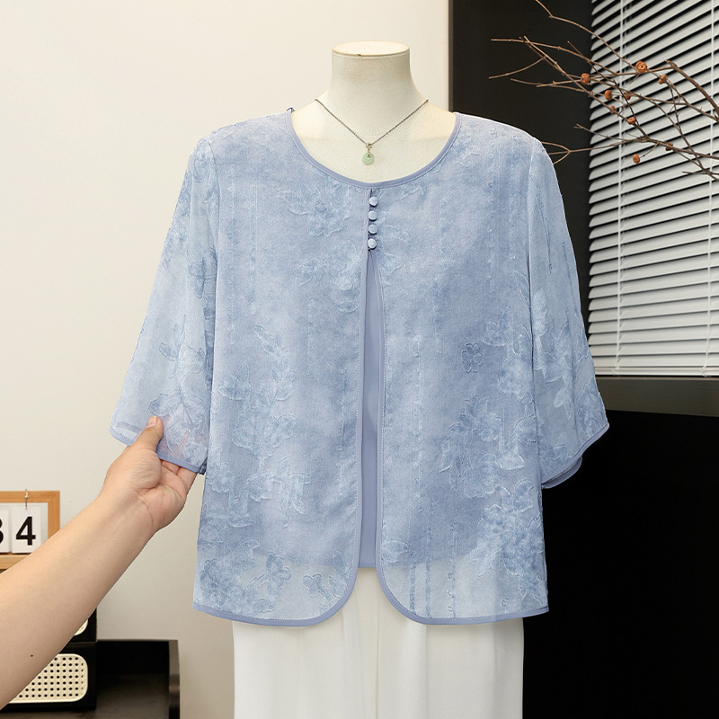 High-End Summer Stylish Short-Sleeve T-Shirt Set for Moms, Fashionable and Elegant Loose Wide-Leg Pants Two-Piece Set for Middle-Aged and Elderly Women