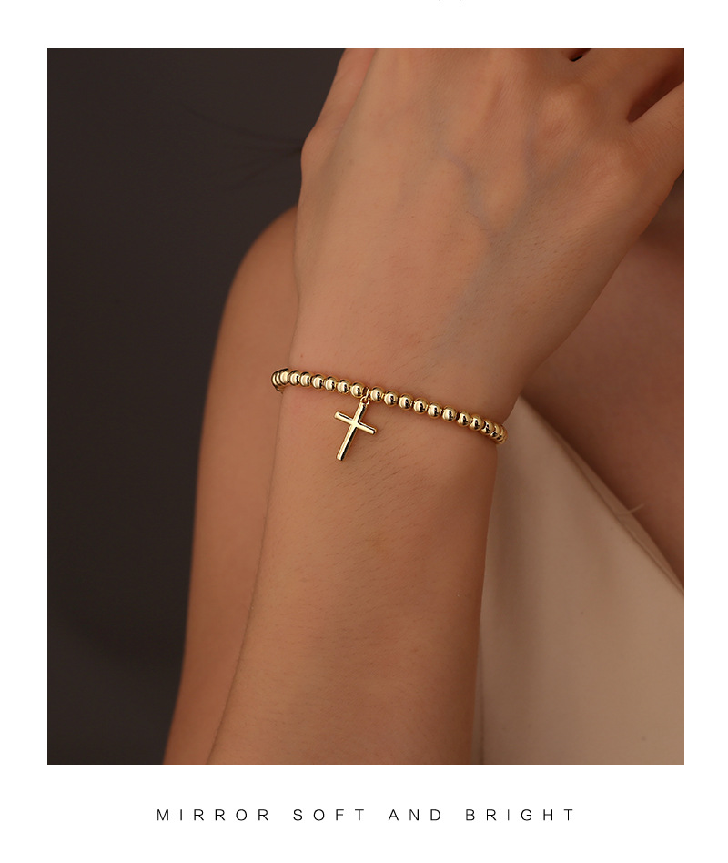 Gold Plated Beaded Charm Bracelet Minimalist Cross Design_voghion.com