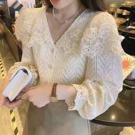 法式气质复古设计感蕾丝衬衫女2023早秋甜美减龄洋气别致小衫上衣