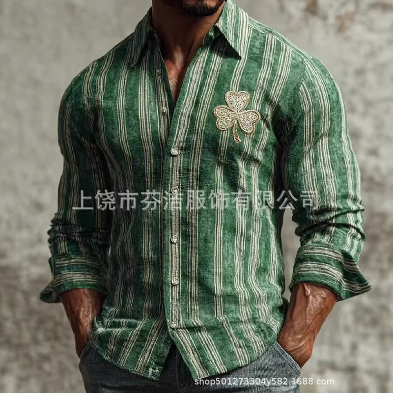 2026 Cross-Border American Retro Clover Print Striped Shirt for Men, Trendy Brand, Loose Fit, Vintage Style, Turn-Down Collar, Long Sleeve Shirt