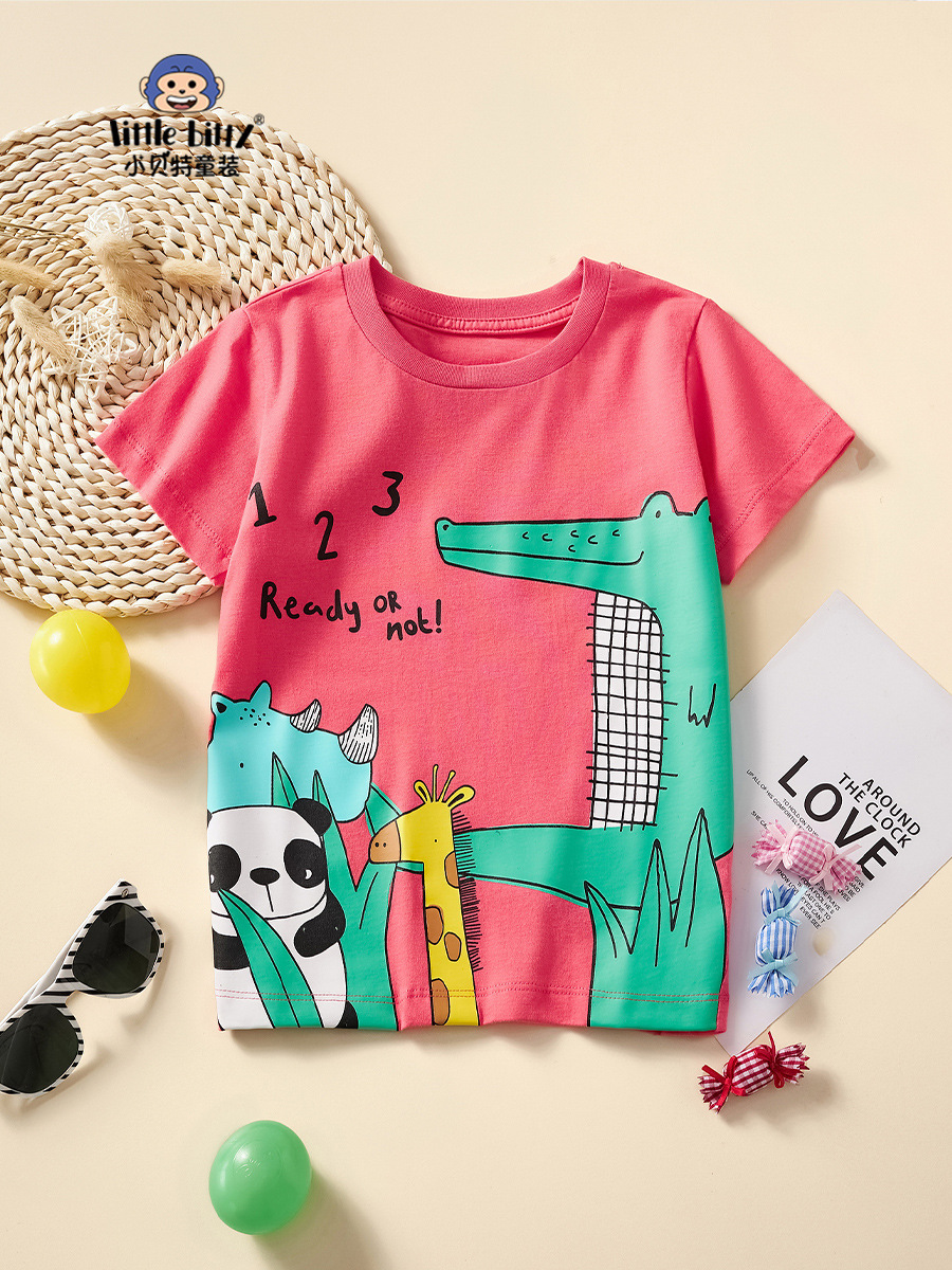 Children's Tops 2025 Summer Kidsren's Rose Red Summer Short-Sleeved Cartoon Panda Pattern Girls Half-Sleeved Girls