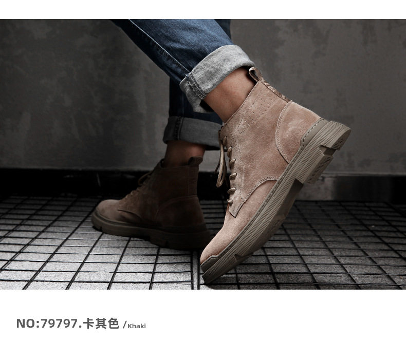 Bốt Martin nam da cao cổ lót nhung giữ ấm, đế thấp 1–3 cm, dây buộc phía trước — Màu Kaki 79797 chi tiết 12