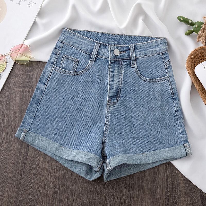 Curled Denim Shorts Women's Summer Thin ins Style High Waist Slimming Casual Wide Leg Pants Loose Large Size A- line Hot Pants Trendy