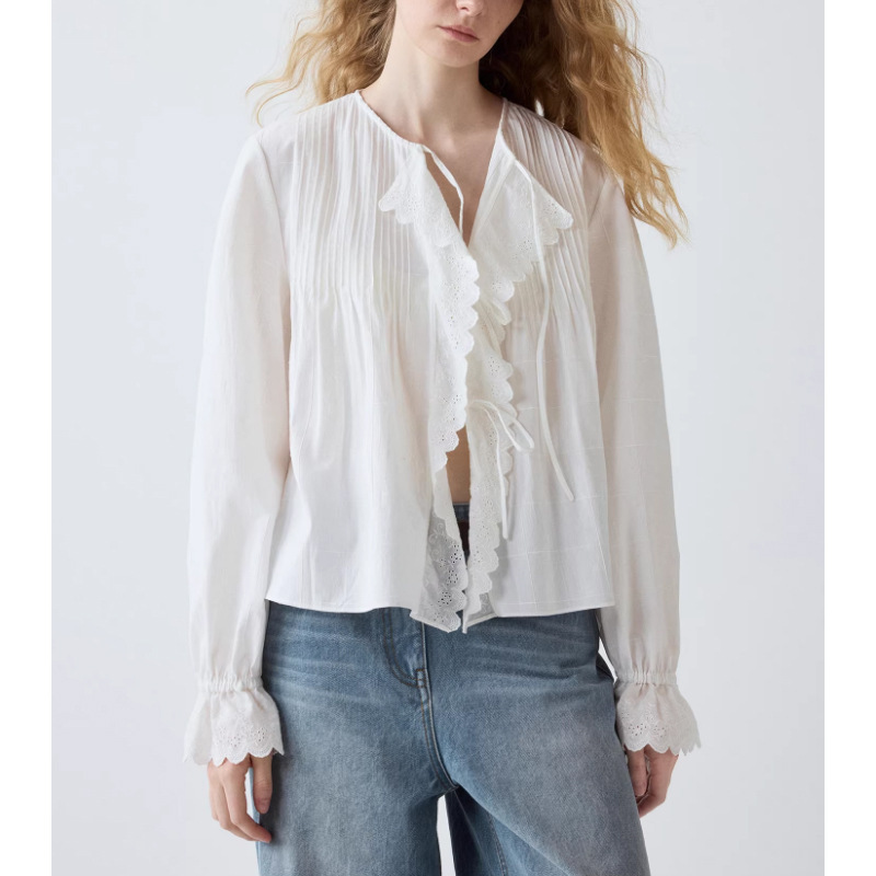 2026Ss French-Style Embroidered Lace Relaxed Shoulder Cotton Tie Shirt Elegant Commuter Style Long-Sleeve Top Trendy