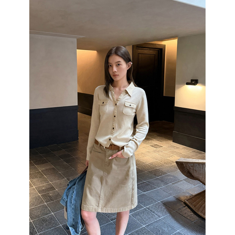Han Xun High-Intelligence Workplace Workwear Double Patch Pocket Shirt Collar Slimming Knit Cardigan for Women 2026 Autumn New Model 27358 Han Xun High-Intelligence Workplace Workwear Double Patch Pocket Shirt Collar Slimming Knit Cardigan for Women 2026 Autumn New Model 27358