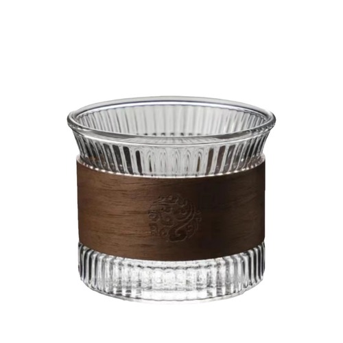 家用玻璃木片隔热防烫咖啡杯 竖纹胡桃木木片加厚高硼硅玻璃杯