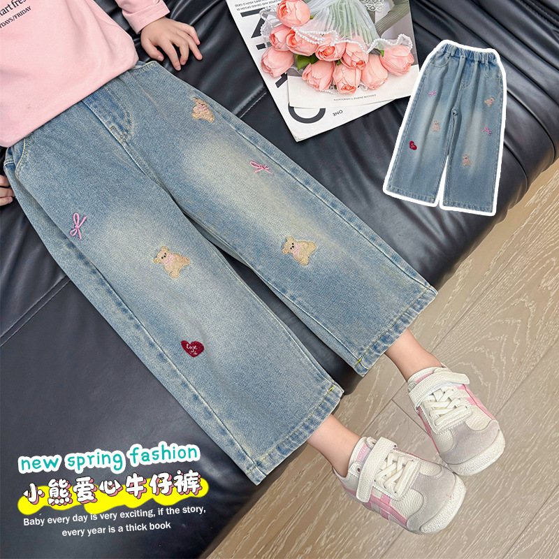 Pantalones vaqueros para niñas con diseño de letras y corazón, pierna ancha – moda primavera-otoño 2025. image 3