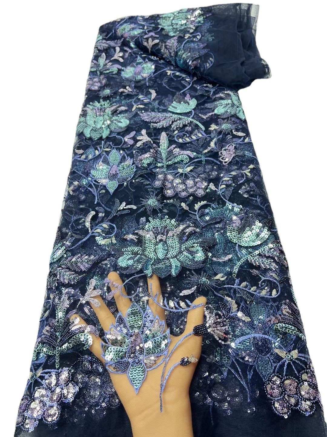 Teñido de punto flor grande suave malla fina encaje europeo y americano fishtail vestido noche lentejuelas tela JX2446