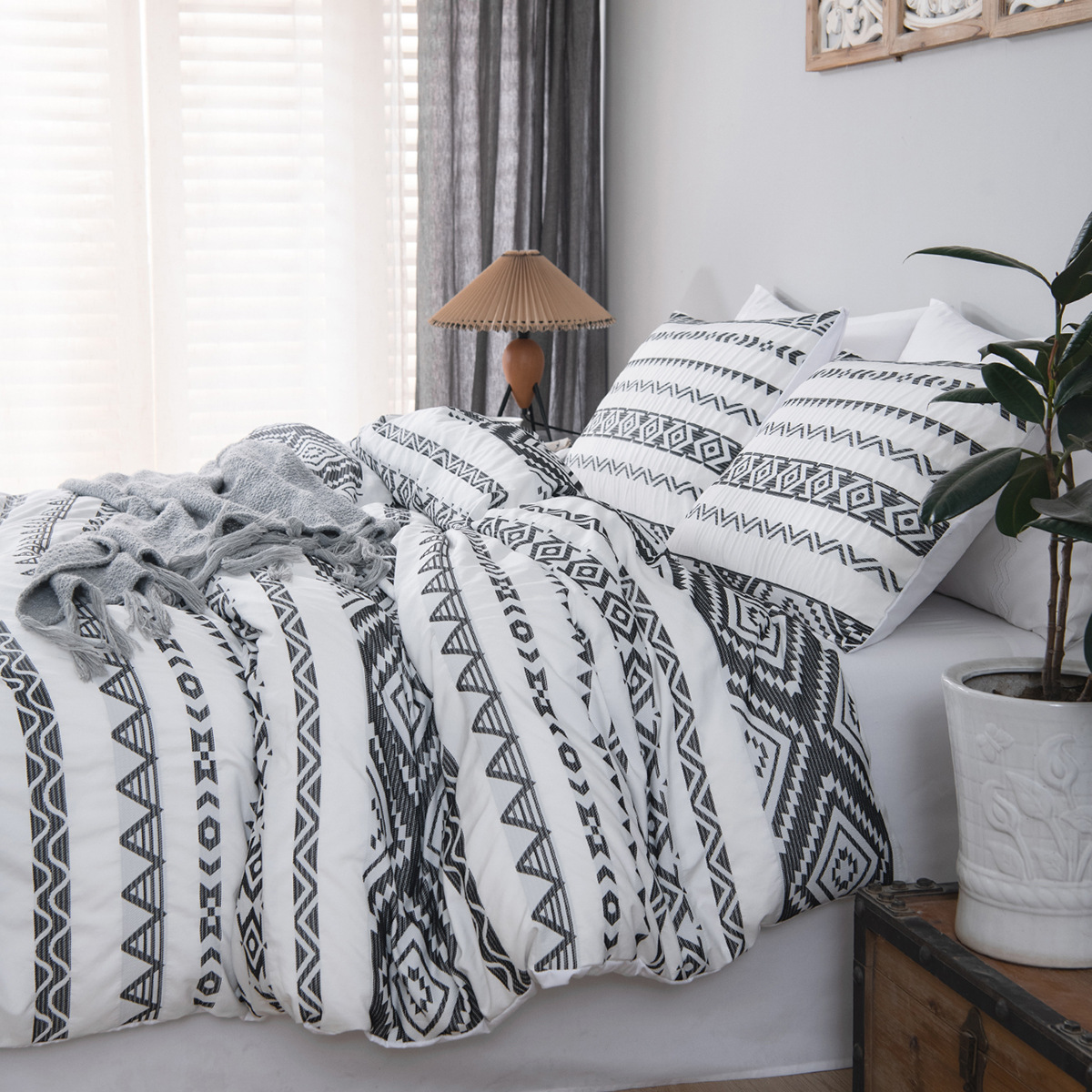 外贸家纺跨境专供美国亚马逊化纤床上用品提花简约被套套件三件套