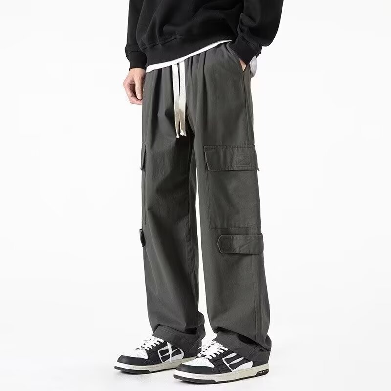 American-Style Multi-Pocket Cargo Pants for Men, Spring and Autumn High Street Slimming Wide-Leg Pants, Lazy Style Loose Straight Casual Long Pants