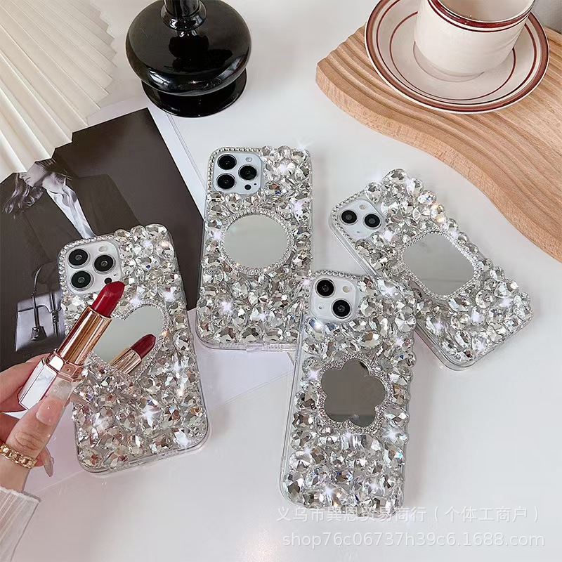 Suitable for Apple Iphone15 Rhinestone Mirror Luxury Mobile Phone Case Heart Stereo Mirror Bright Diamond Handmade