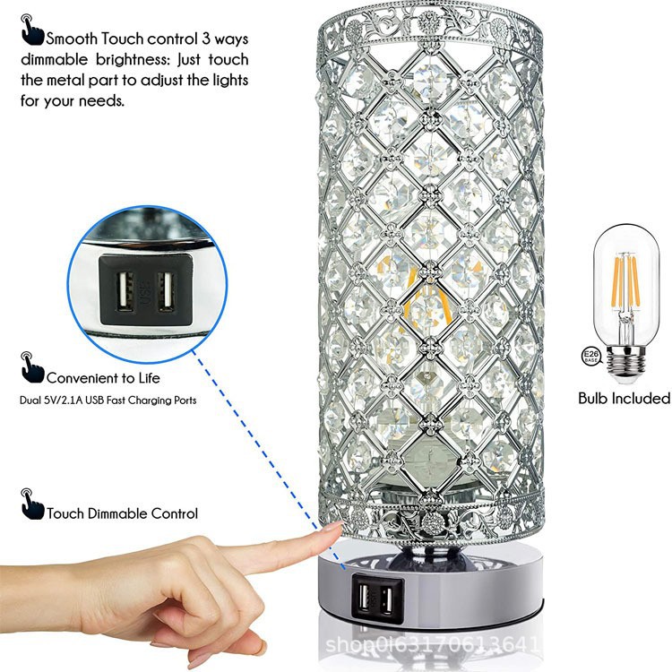 USB床头水晶台灯 家居卧室客厅五金电镀led水晶台灯 台灯批发