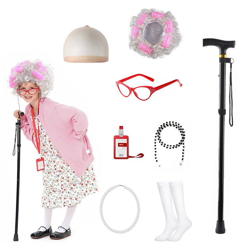 Halloween Cos 100 Days of School Grandma Wig Middle-Aged and Elderly Grandpa and Grandma Short Curly Hair Dress up Set Halloween Cos 100 Days of School Grandma Wig Middle-Aged and Elderly Grandpa and Grandma Short Curly Hair Dress up Set