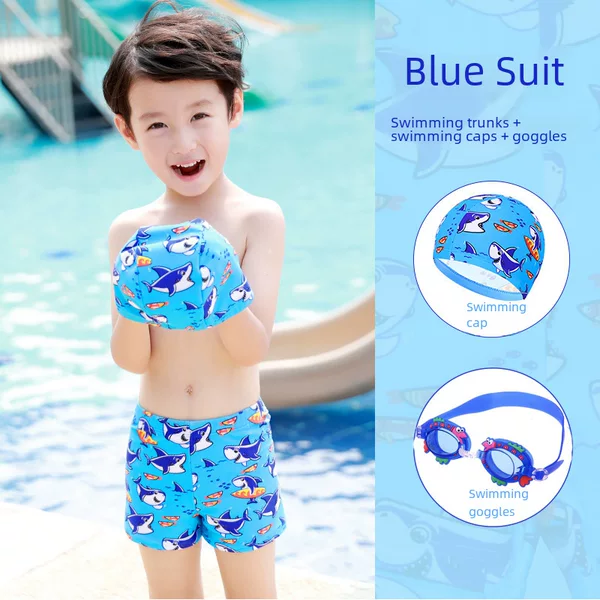 Summer Children's Swim Trunks for Boys, Cartoon Print, Large Kids' Swim Shorts, Children's Swim Cap, Youth Breathable Swimsuit for Boys
