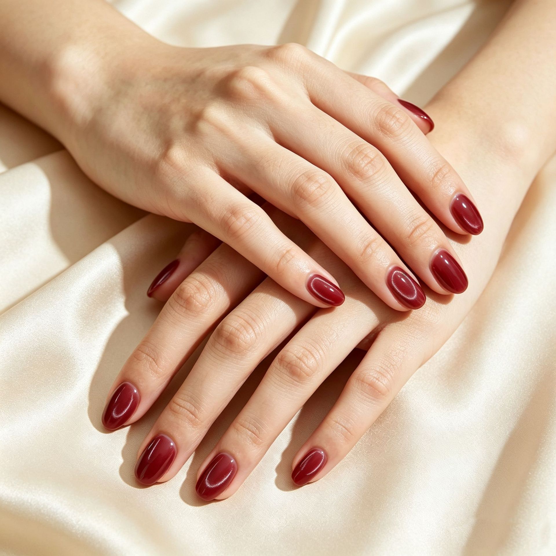 24 Pieces of New Solid Color Autumn and Winter Burgundy Cat-Eye Press-On Nails, Foreign Trade Fake Nails, Short Almond-Shaped Nail Tips