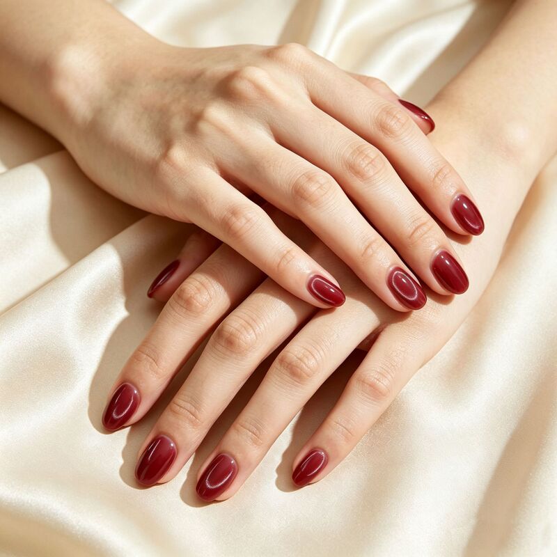 24 Pieces of New Solid Color Autumn and Winter Burgundy Cat-Eye Press-On Nails, Foreign Trade Fake Nails, Short Almond-Shaped Nail Tips
