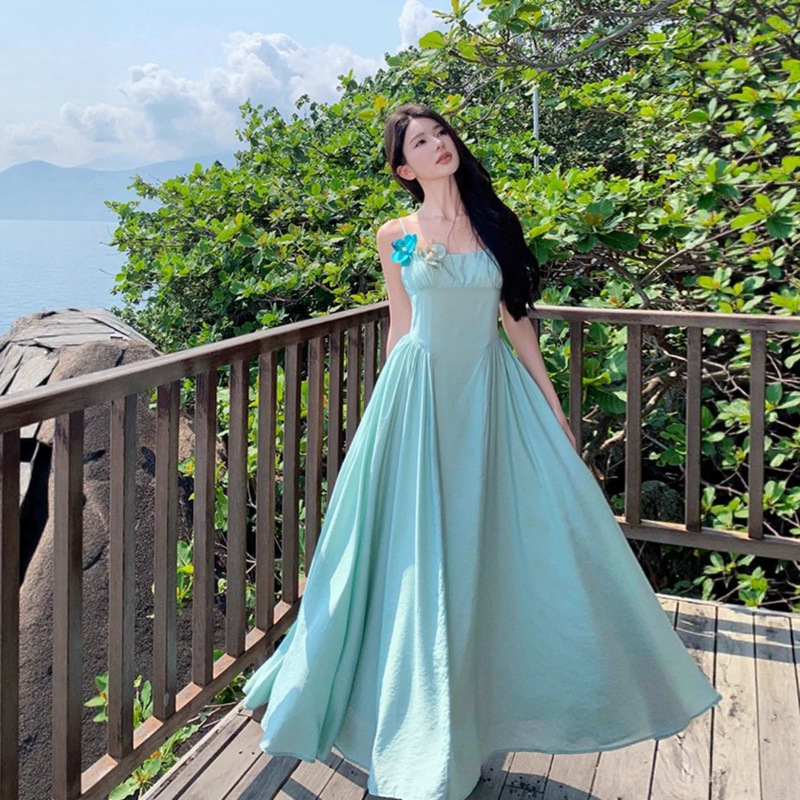Beautiful French-Style Spaghetti-Strap Waist-Cinching Long Dress, Ankle-Length, Super Long Style, Seaside Vacation Style Dress, Summer Flared Dress