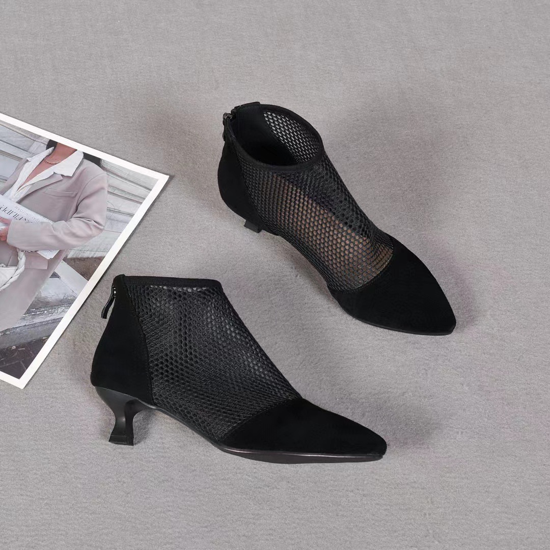 Sandal nữ da thật mũi nhọn gót thấp kiểu La Mã khoét lỗ thoáng khí — đen chi tiết 8