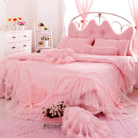 BX62粉色公主韩版全棉100花边床裙四件套纯棉蕾丝1.8床单婚庆床上