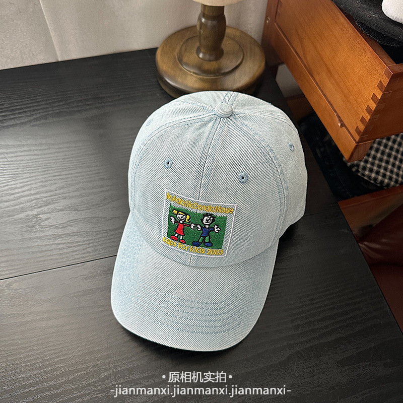 新款可爱童趣卡通刺绣水洗牛仔蓝棒球帽子女百搭休闲显脸小鸭舌帽|undefined