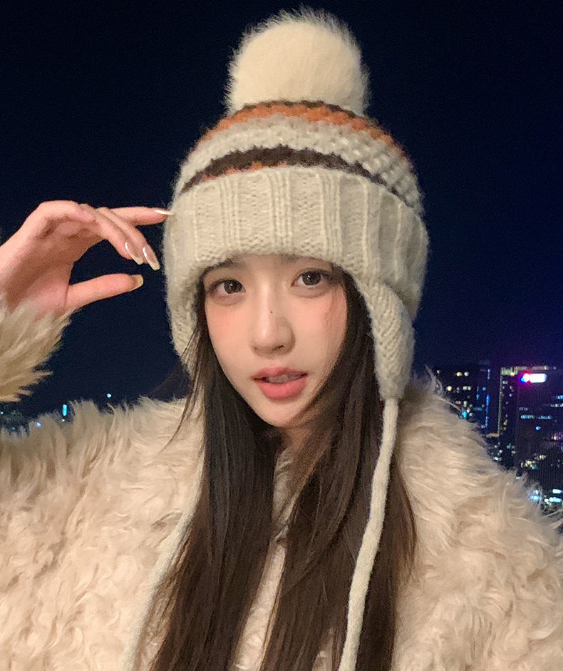 New Retro Fair Isle Style Warm Thickened Fleece-Lined Winter Knitted Hat, Cold-Proof Ear Protection, Tie-Up Wool Hat_voghion.com