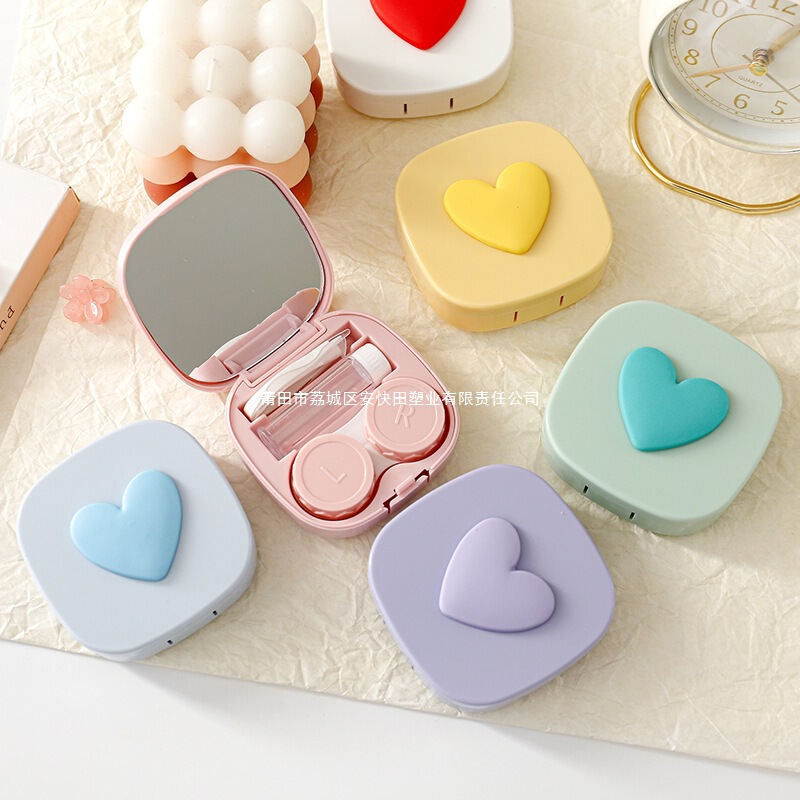 Macaron-Colored Square Heart-Shaped Contact Lens Case, Cute Portable Lens Storage Box with Mirror, Glasses Companion Box Macaron-Colored Square Heart-Shaped Contact Lens Case, Cute Portable Lens Storage Box with Mirror, Glasses Companion Box