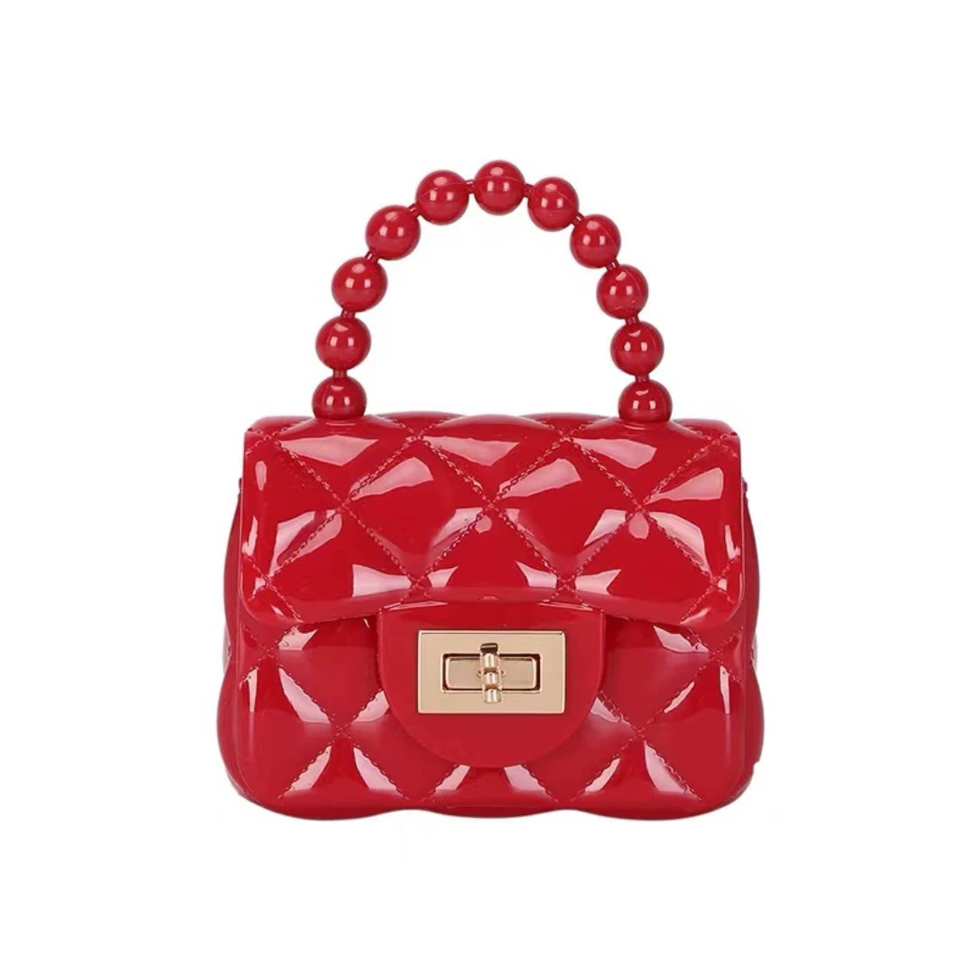 Small quilted handbag with bead handle and chain, compact 13×5×9 cm, multiple colors