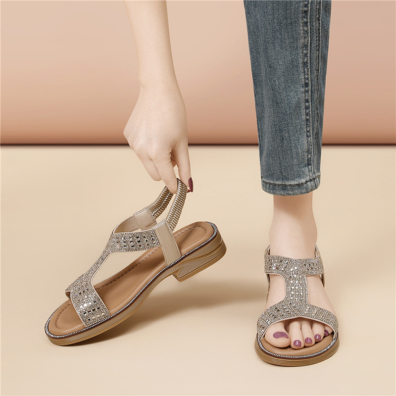 Giày sandal cao gót nữ hở mũi đính kim cương quai chữ T phong cách La Mã — 6109 Bạc, 6109 Vàng