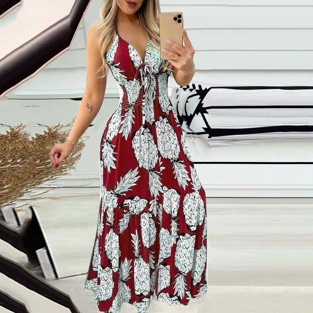 Slim Fit Type Pineapple Pattern Wholesale Women'S Casual Printing Pleated Pineapple Street V Neck Sleeveless Strap Dress