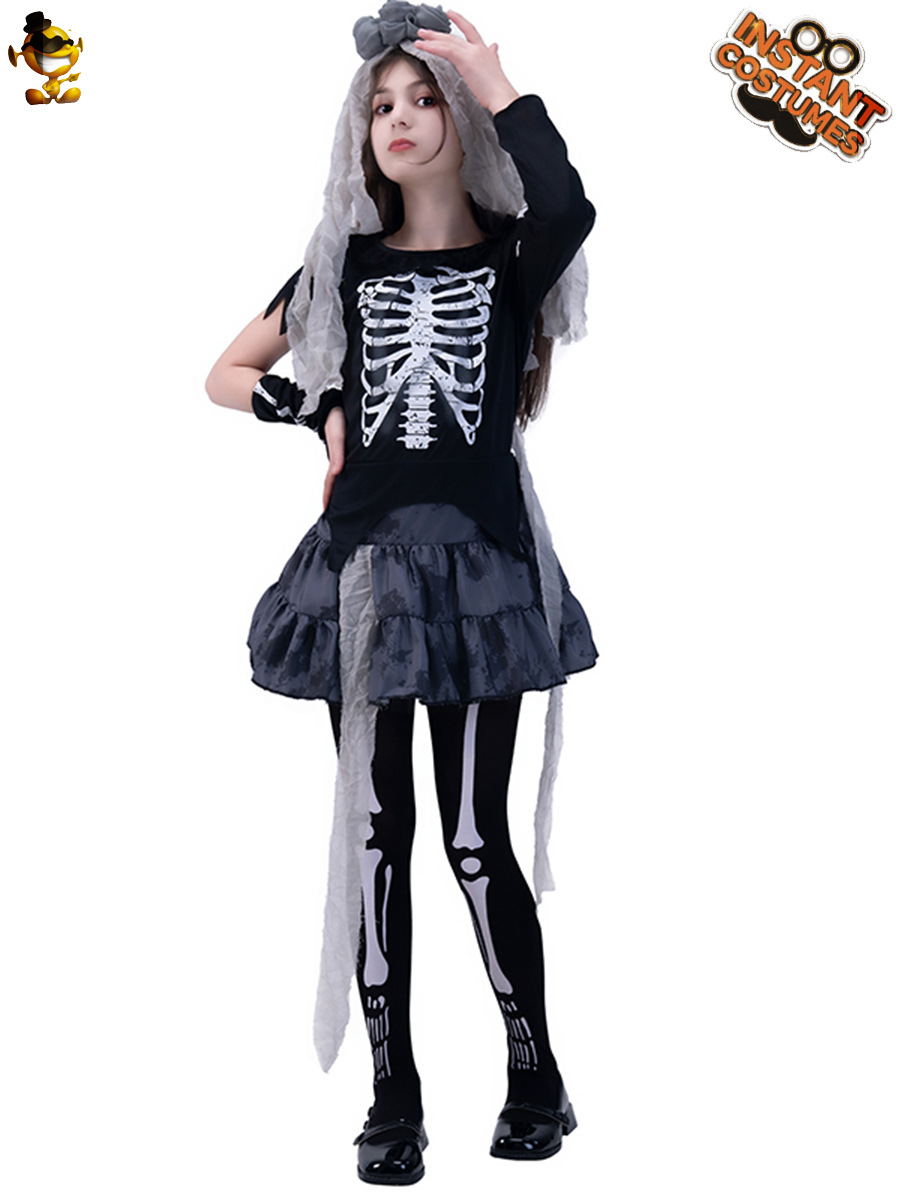 Halloween niña fantasma hueso cráneo vestido del Partido de la mascarada Cosplay traje rendimiento etapa