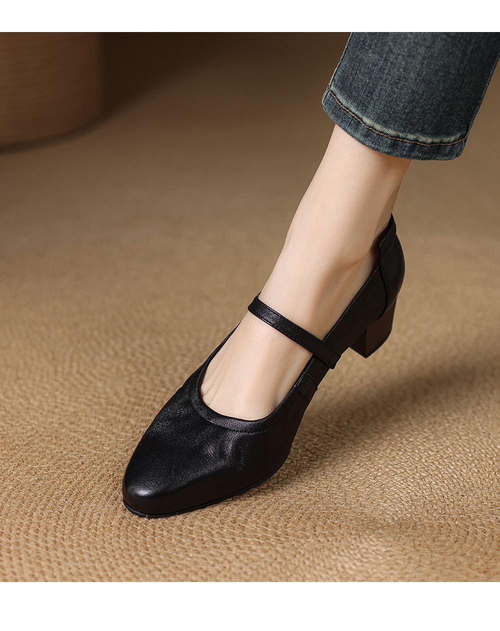 Giày Mary Jane nữ gót thấp 3,5 cm quai ngang khóa ngang da cừu — Màu đen chi tiết 15