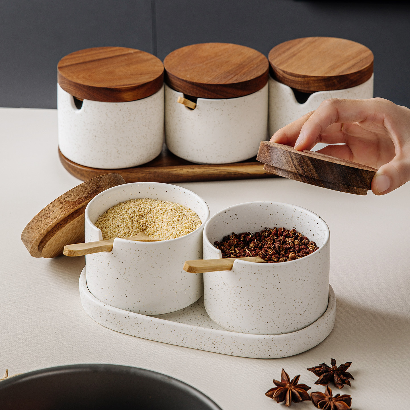 Condimento de cerámica tanque conjunto de combinación de cocina doméstica condimento de alto valor facial con tanque de aceite de cocina con tapa caja de condimento red
