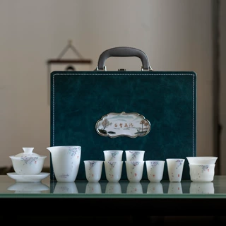 白皙玉泥手绘紫气腾云茶具组家用整套泡茶盖碗茶杯送客户领导礼品