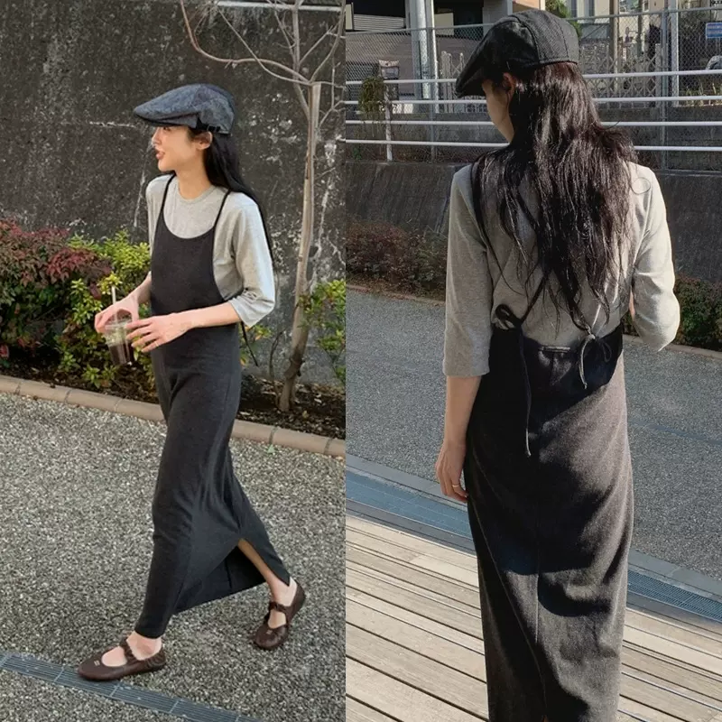 现 2025秋季新款韩国东大门baby酱美背吊带开叉连衣裙+七分袖t恤