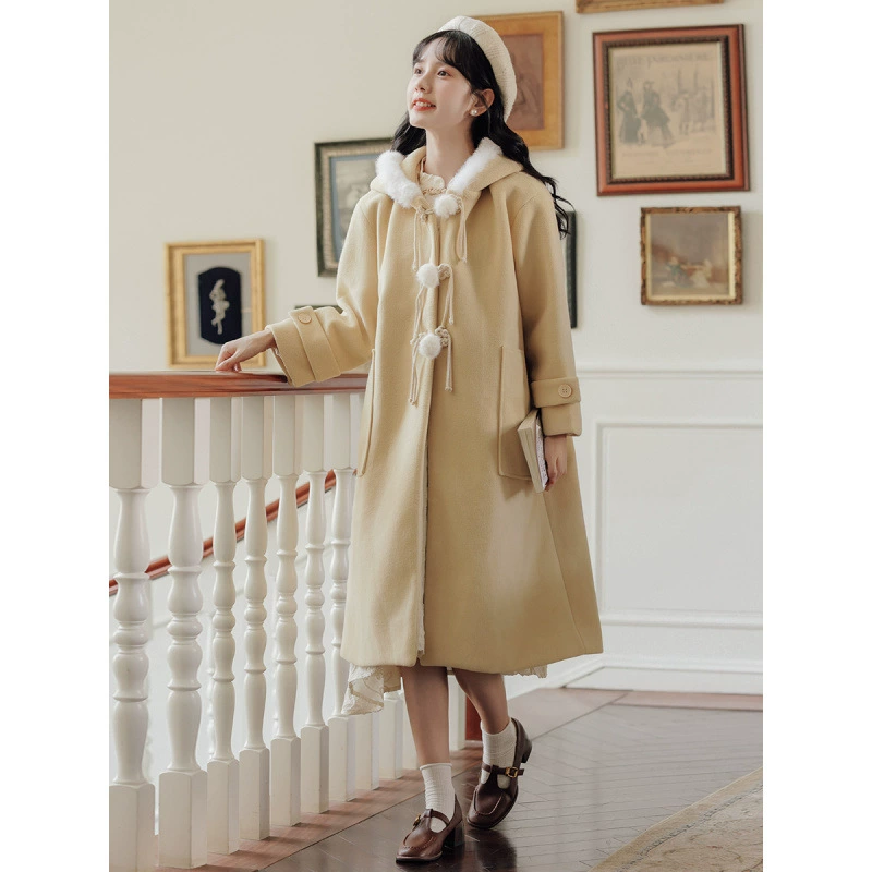 Winter cute yellow colored quilted woolen coat with hood, jacket, increased thickness