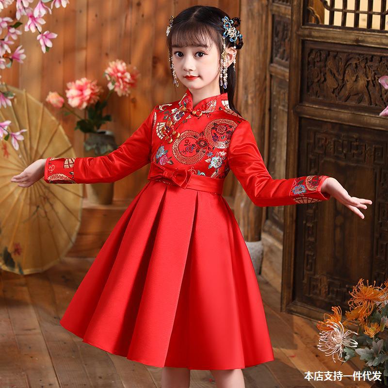 女童旗袍连衣裙秋冬加绒儿童公主裙子红色中国新年拜年唐装演出服