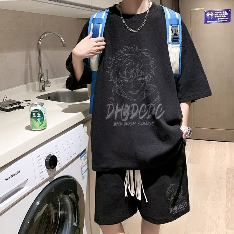 半袖スーツ男性夏insファッション学生レジャースポーツは半袖パンツの薄い男性服を着ている|undefined