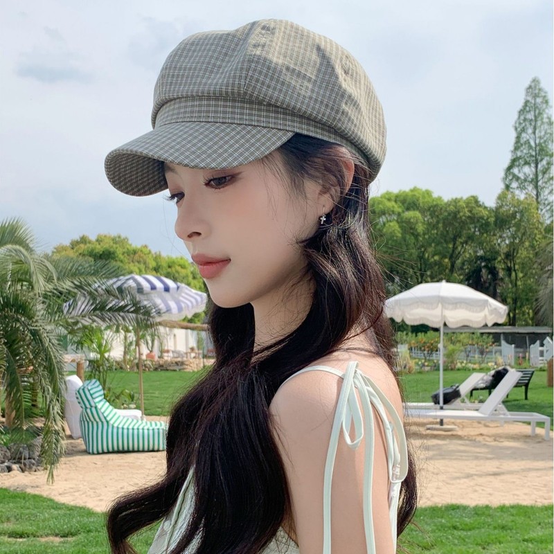2025新款八角帽子女春夏街头百搭显脸小报童帽甜美文艺格子贝雷帽|undefined