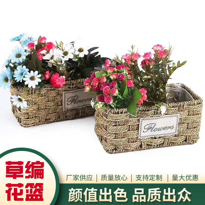 Cesta de flores de paja tejida a mano idílica paja tejida y cesta de flores de sauce cesta de arreglo floral cesta Festival cesta de almacenamiento de ratán tejida a mano