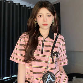 现货重工美式复古条纹polo别致上衣夏季新款休闲宽松短袖t恤女