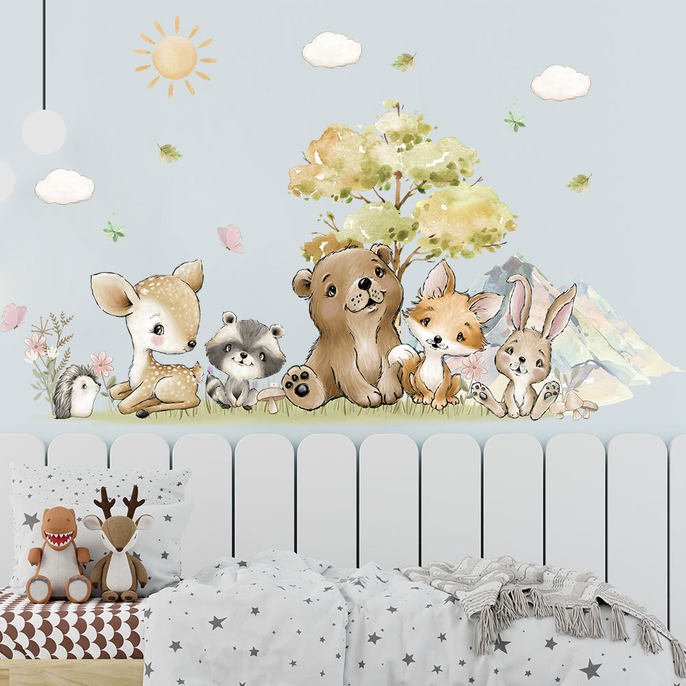 Forest Animal Wall Stickers Children's Room Bedroom Bedside Decoration Kindergarten Cute Wallpaper Self-adhesive Removable Sticker