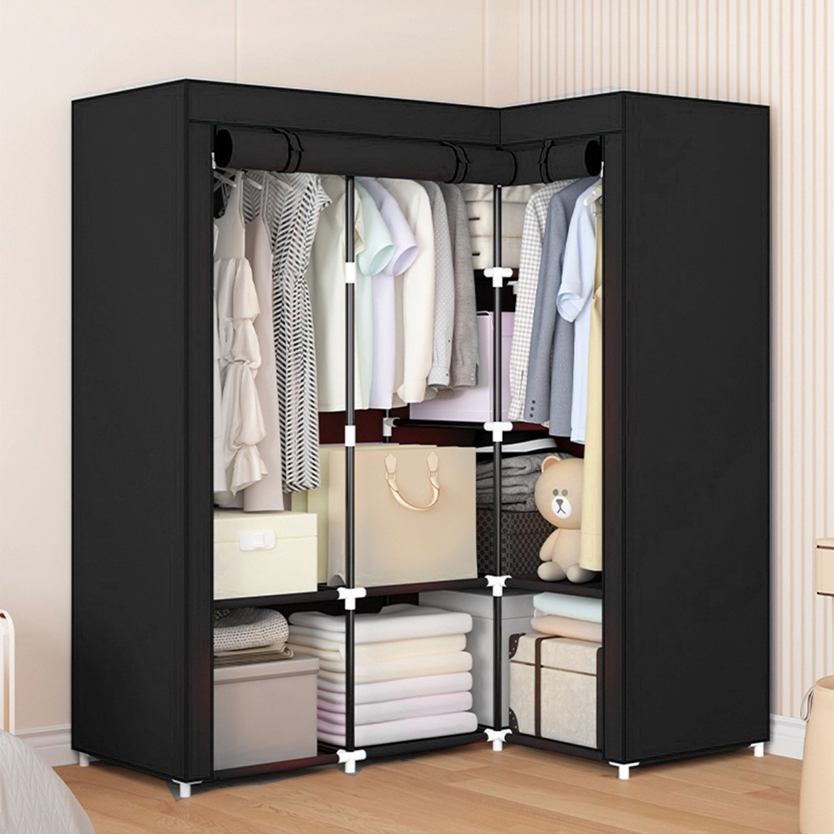 Simple Wardrobe Corner Dust-Proof Storage Wardrobe Wardrobe Rental Room Clothes Hanger Steel Frame Dormitory Corner Wardrobe