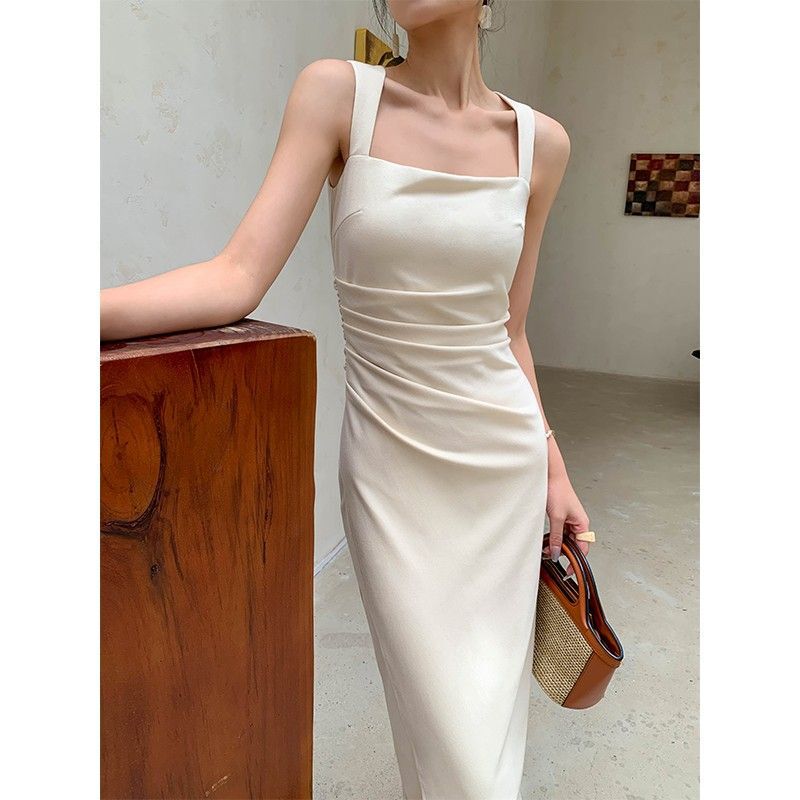 French-Style Elegant Ladylike High-End Satin Long Dress with a Slim Fit, Square Neck, and Spaghetti Straps, New Summer Model