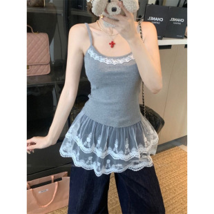 Layered Ballet-Style Camisole with Breast Pads, Lace Splicing at the Hem, Slim and Versatile Design, Slimming Bottoming Top