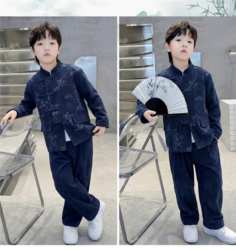藏青色国风盘扣套装太子童装&2601新中式汉服套装