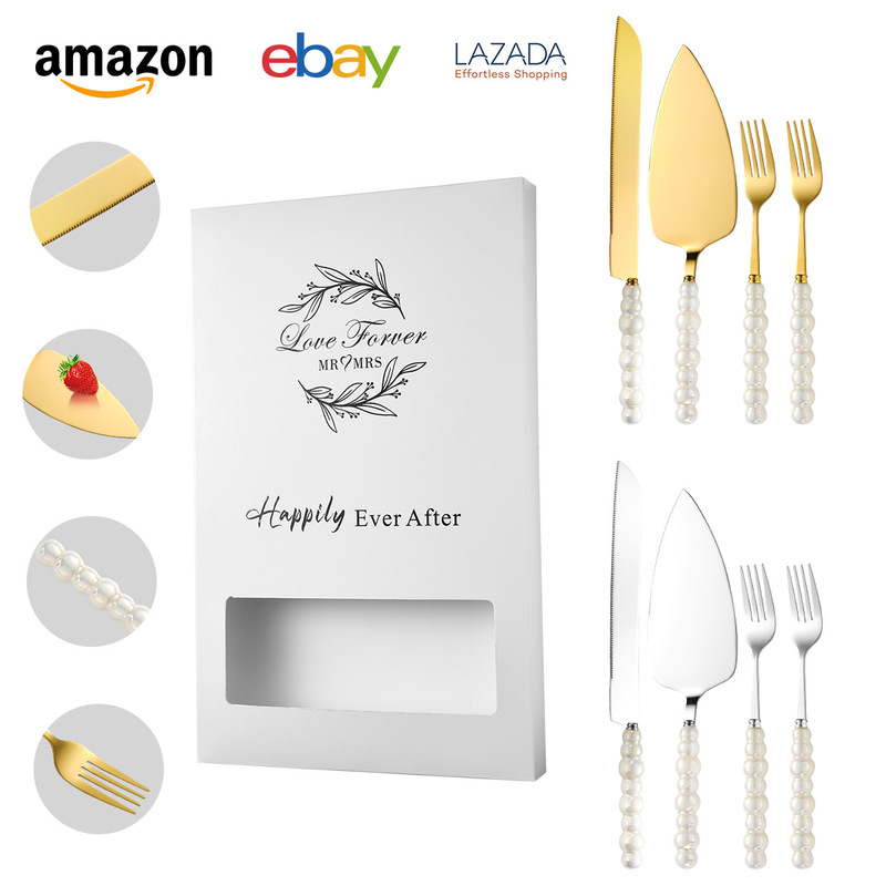Pearl Handle Stainless Steel Cake Knife Shovel Set Bread Knife Pizza Shovel Cake Fork Wedding Birthday Party Supplies